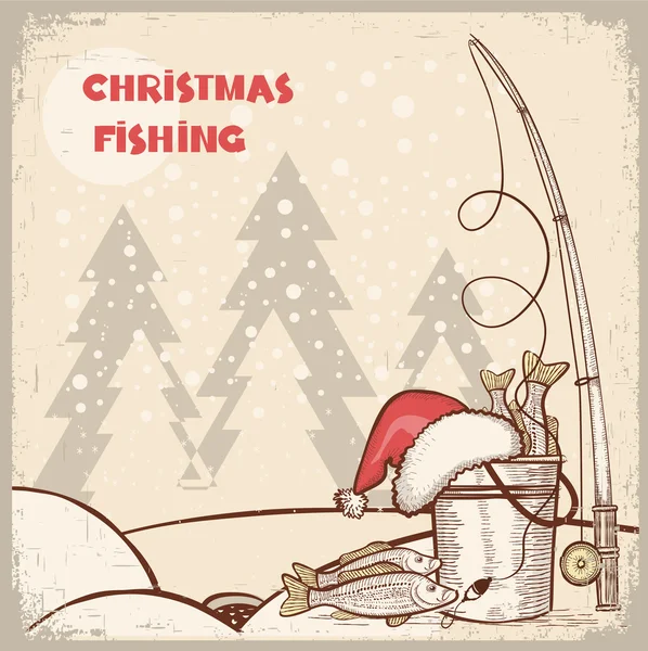 Successful fishing in Christmas holiday.Vector winter card backg — Stock Vector