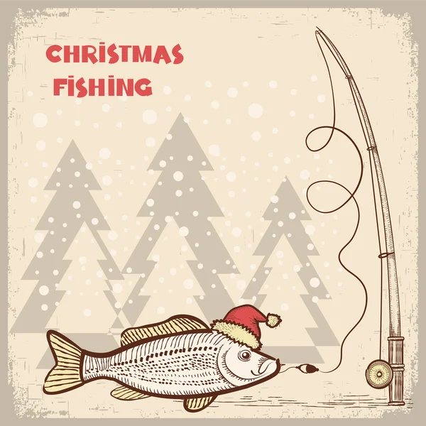 Christmas fishing card with fish in red Santa hat.Vector drawing — Stock Illustration Christmas fishing card with fish in red Santa hat.Vector drawing Royalty Free Stock Illustrations