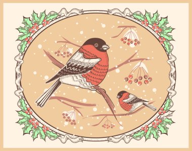 vintage Noel kartı ile bullfinches ve kar