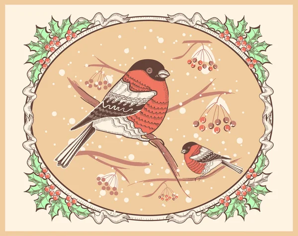 Christmas vintage card with bullfinches and snow — Stock Vector