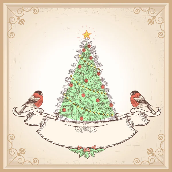 Винтажная рождественская открытка с буллфинч.Векторная иллюстрация — стоковый вектор