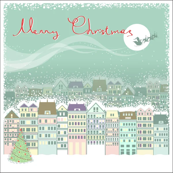Christmas card background with cityscape and Santa in sky moon — Stock Vector