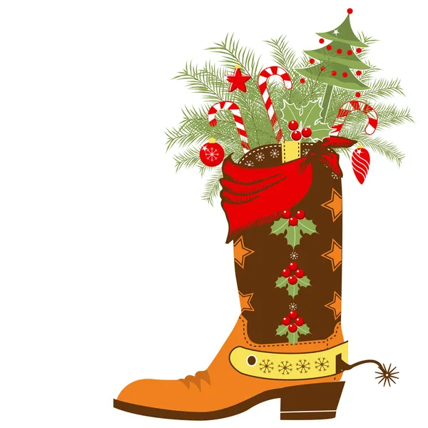 Cowboy boot with Christmas elements isolated on white — Stock Vector