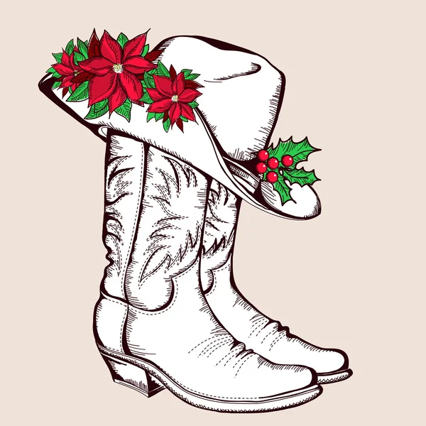 Cowboy Weihnachtsstiefel und Hut. Vektorgrafik Illustration — Stockvektor