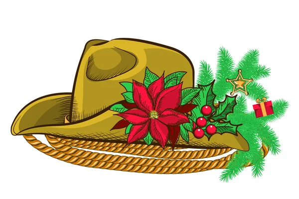 Vánoční kovbojský klobouk a prázdninové prvky — Stockový vektor
