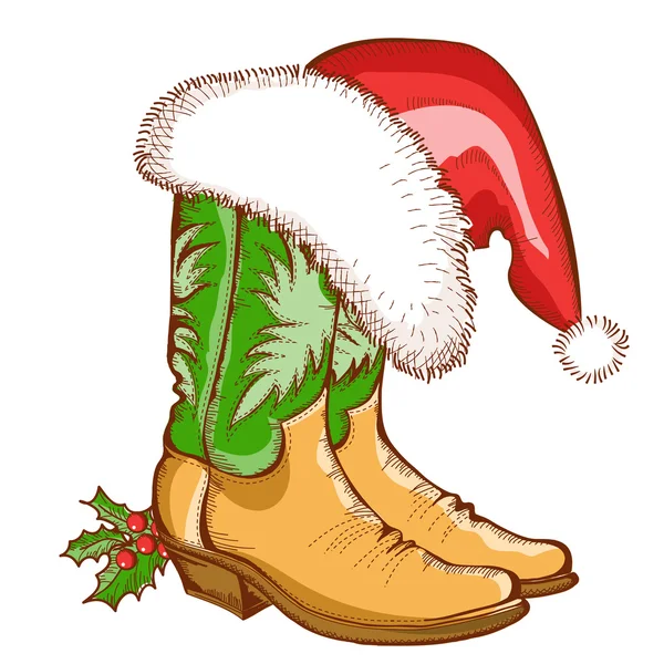 Weihnachten Cowboystiefel und Weihnachtsmütze — Stockvektor