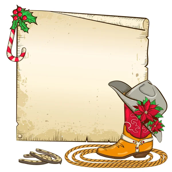 圣诞节纸张背景与马蹄铁和牛仔靴 — 图库矢量图片