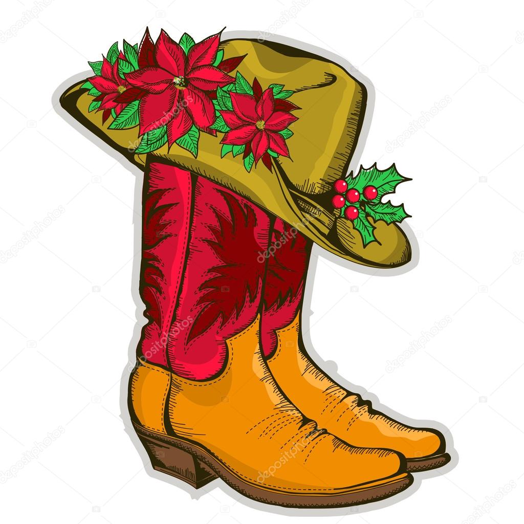 Christmas Cowboy boots and western hat with holiday decoration