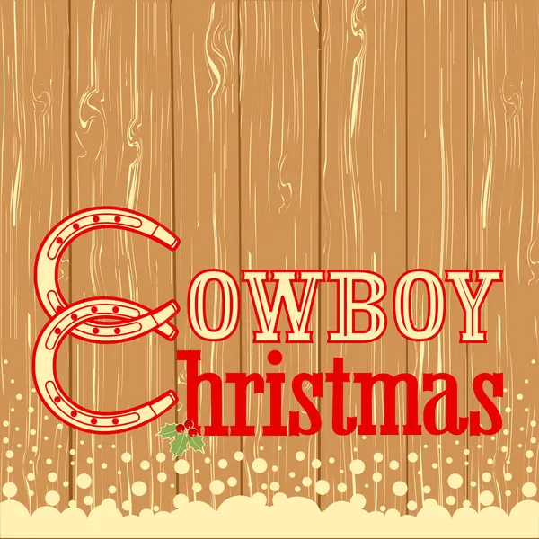 Cowboy testo di Natale su sfondo texture di legno — Vettoriale Stock