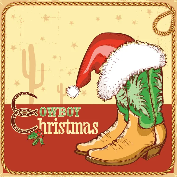 Tarjeta de navidad de vaquero con botas americanas y sombrero de Santa — Vector de stock