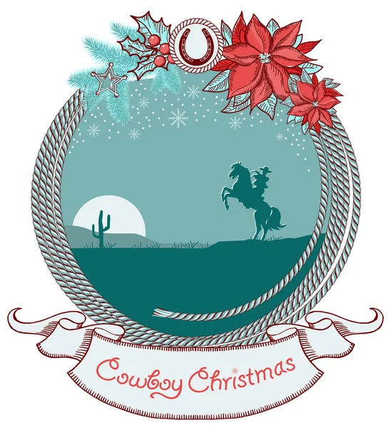 American cowboy Christmas card background with cowboy on horse — Stock Vector