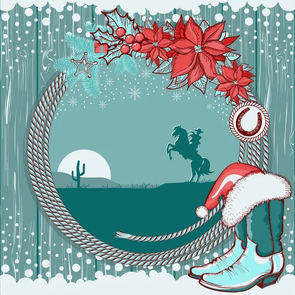 American cowboy Christmas background on wood texture with cowboy — Stock Vector