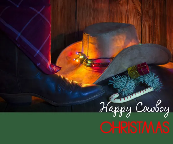 Cowboy Christmas card with holiday decorations. — Stock Photo, Image