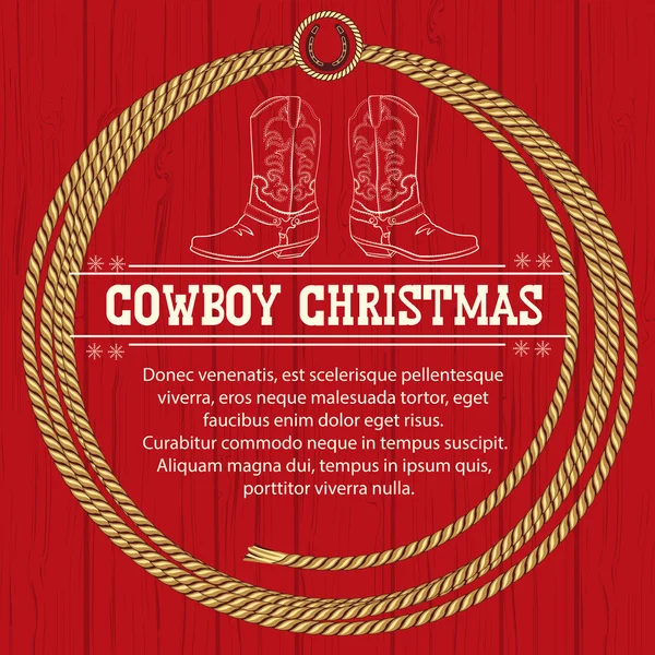 American Red Christmas background with cowboy boots and rope. — Stock Vector