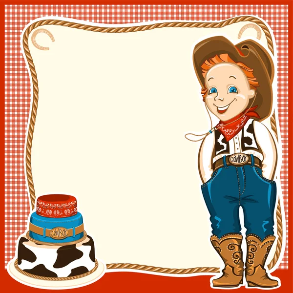 Cowboy child birthday background with cake — Stock Vector