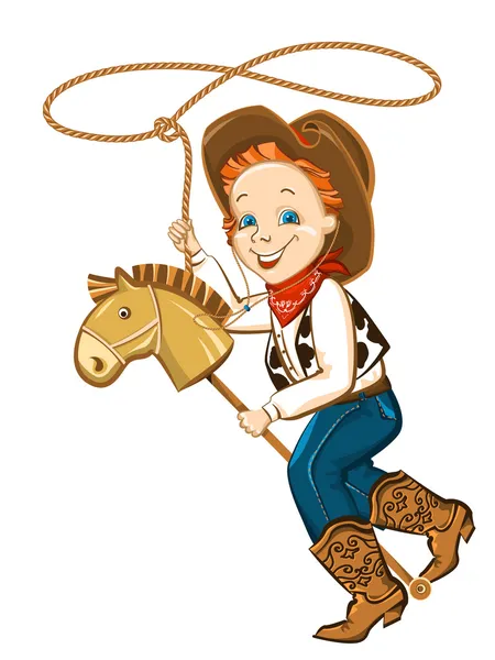 Cowboy kind met lasso en speelgoed paard — Stockvector