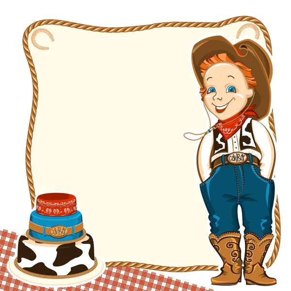 Cowboy kind verjaardag achtergrond met cake — Stockvector