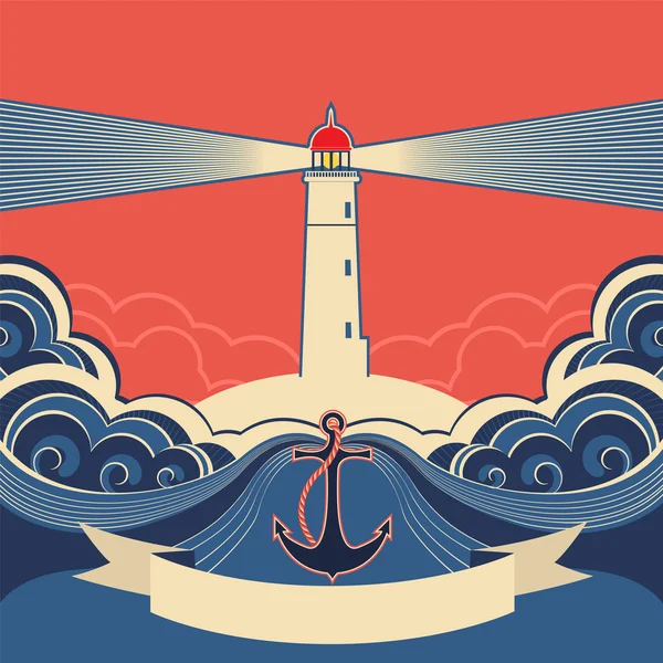 Vuurtoren label met anker en blauwe zee golven — Stockvector