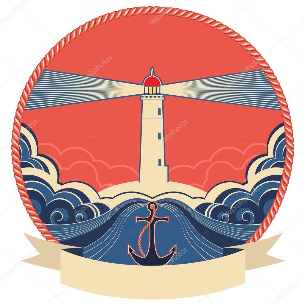 Lighthouse label with anchor and rope frame