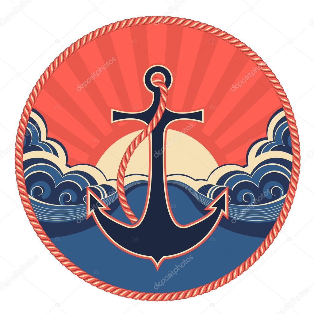 NAutical label with anchor and sea waves