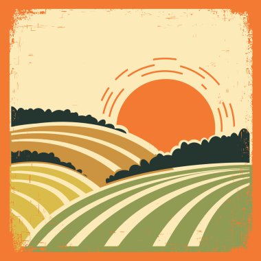  landscape with fields on old poster clipart