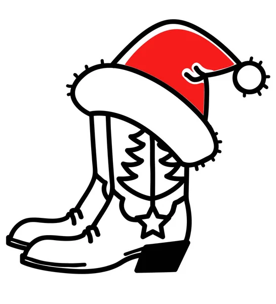 Cowboy Boots Red Santa Hat Decoration Isolated White Background Vector — Stock Vector