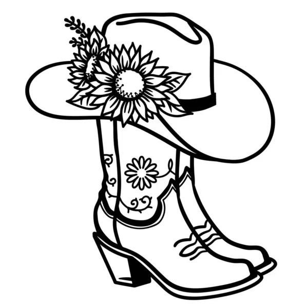 main tiré griffonnage avec contour de rétro cow-girl bottes avec tournesol  modèle. vecteur femme bottes dans cow-boy occidental style. Facile des  chaussures de sauvage Ouest avec fleur ornement pour cow-boy fête  conception.