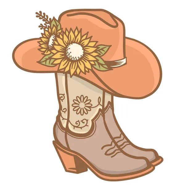 Botas Vaquero Sombrero Vaquero Con Decoración Girasoles Botas Vaqueras Vector — Archivo Imágenes Vectoriales