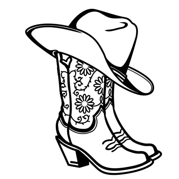 Kovboy Çizmeleri Çiçek Desenli Kovboy Şapkası Kovboy Kız Çizmeleri Siyah — Stok Vektör