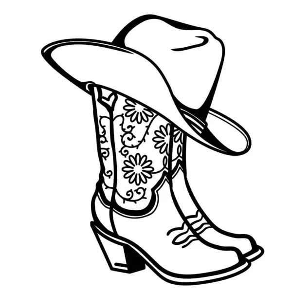 Botas Vaqueras Sombrero Vaquero Con Decoración Flores Botas Vaqueras Vector — Vector de stock