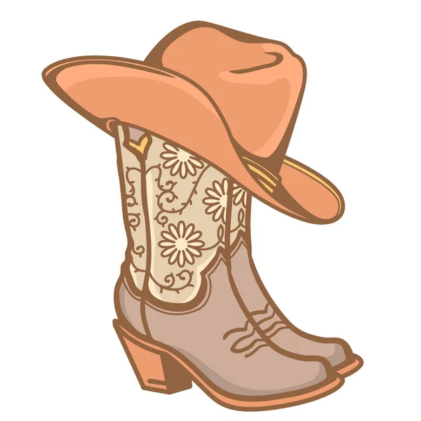 Botas Cowboy Chapéu Cowboy Cowgirl Botas Vetor Cor Vintage Ilustração — Vetor de Stock