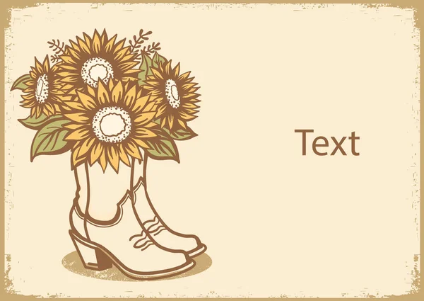 Botas Vaqueras Con Decoración Ramo Girasoles Amarillos Vintage Vector Color — Vector de stock