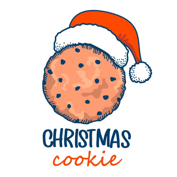 Kerstkoekjes Chocoladekoekje Met Kerstmuts Decoratie Vakantietekst Vector Kleurenillustratie Geïsoleerd Wit — Stockvector