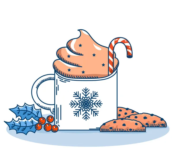 圣诞杯咖啡牛奶和甜巧克力饼干 白色背景红色冬青浆果的病媒蓝色圣诞贺卡 — 图库矢量图片