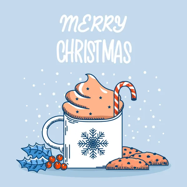 ホイップコーヒーミルクと甘いチョコレートチップクッキーのクリスマスカップ ベクトル冬クリスマスカードともに赤ホリーベリー上の青い種の背景にテキスト — ストックベクタ
