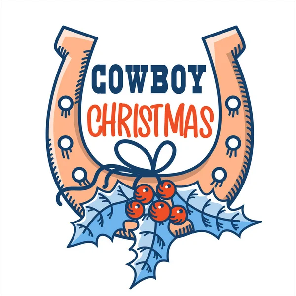 Cowboy Feliz Navidad Símbolo Con Suerte Herradura Baya Acebo Vector — Vector de stock
