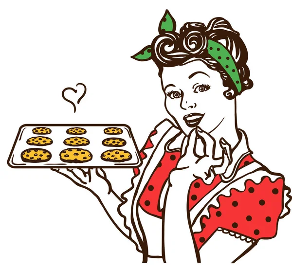复古时微笑的家庭主妇手里拿着巧克力饼干做饭 厨房里被白色隔离的女人把矢量彩绘成图片说明 — 图库矢量图片