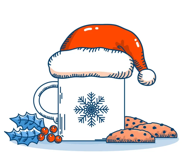 Natale Caffè Con Dolci Biscotti Cioccolato Scheda Natalizia Invernale Vettoriale — Vettoriale Stock