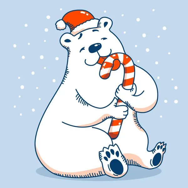 有北极熊的圣诞卡吃着甜的圣诞糖果手杖 带有滑稽熊卡通片的矢量卡 — 图库矢量图片