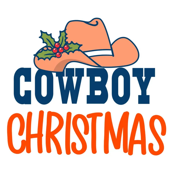 Cowboy Kersttekst Versierd Cowboy Hoed Rode Hulst Bes Vector Cowboy — Stockvector