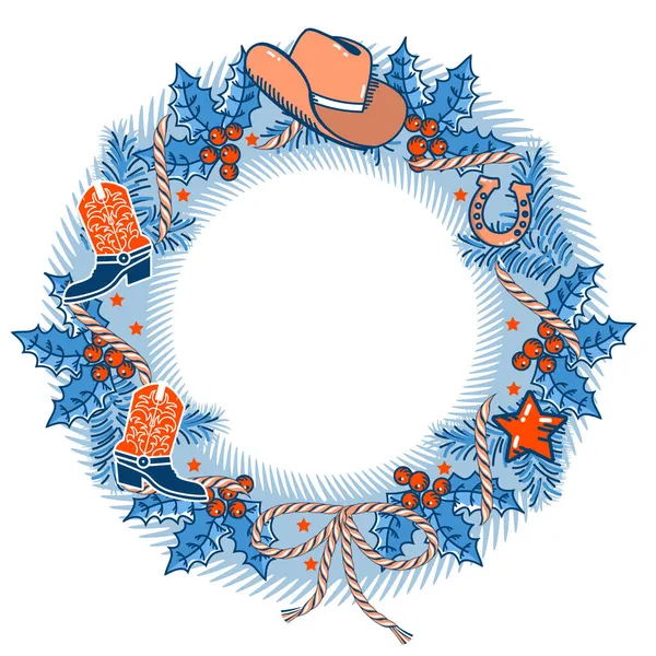 Ilustração Natal Cowboy Grinalda Natal Ocidental Com Botas Cowboy Decoração — Vetor de Stock