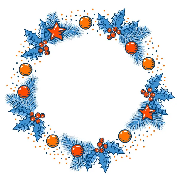 Ghirlanda Natale Bacca Agrifoglio Palla Natale Stella Rossa Decorata Illustrazione — Vettoriale Stock