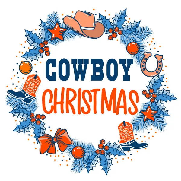 Cowboy Χριστούγεννα Απεικόνιση Του Στεφάνου Κείμενο Χριστουγεννιάτικο Στεφάνι Δυτικής Χώρας — Διανυσματικό Αρχείο