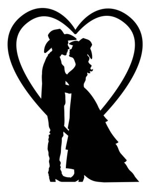Gelin ve damat silueti, beyaz üzerinde kalp sembolü olan. Vector ülkesi damat ve gelin kovboy şapkası ve kovboy çizmeleri ile