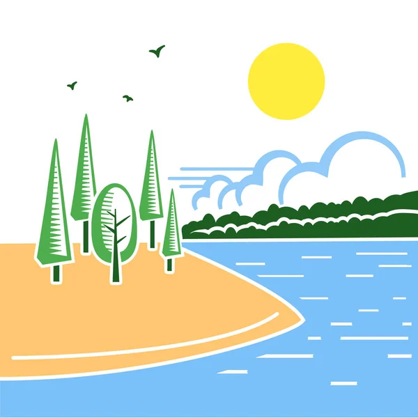 Summer Spring Landscape Blue Lake Trees Yellow Sun Vector Flat — Stock Vector