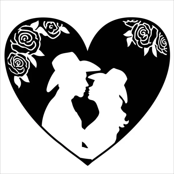 Loving Couple Cowboy Hats Kissing Heart Decoration Vector Silhouette Happy — Stock Vector