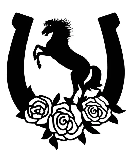 Koń Podkowa Znak Sylwetka Róż Kwiaty Ilustracja Izolowane Białym Druku — Wektor stockowy