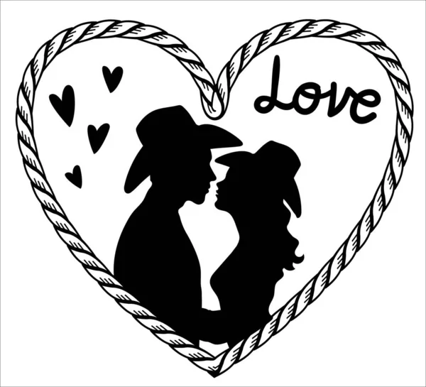 Loving Couple Cowboy Hats Kissing Rope Frame Heart Decoration Vector — Stock Vector