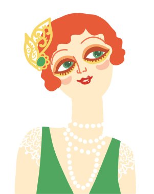 1920 'lerde kızıl saçlı, klasik, gülümseyen kadın portresi. Retro-retro tarzı eski yeşil elbiseli ve beyaz boncuklu flapper kız.