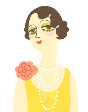 1920 'lerin moda elbisesinin klasik kadın portresi. Beyaz tenli, saç ve boncuklu vektör retro tarzı flapper kız.
